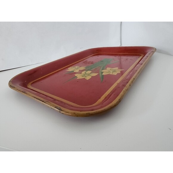 Vintage Red Metal Tray Mustard Yellow Daffodils Green Leaves 14" x 9" - Picture 6 of 12